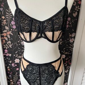 Adore Me Black and Cream Lace Bra Set